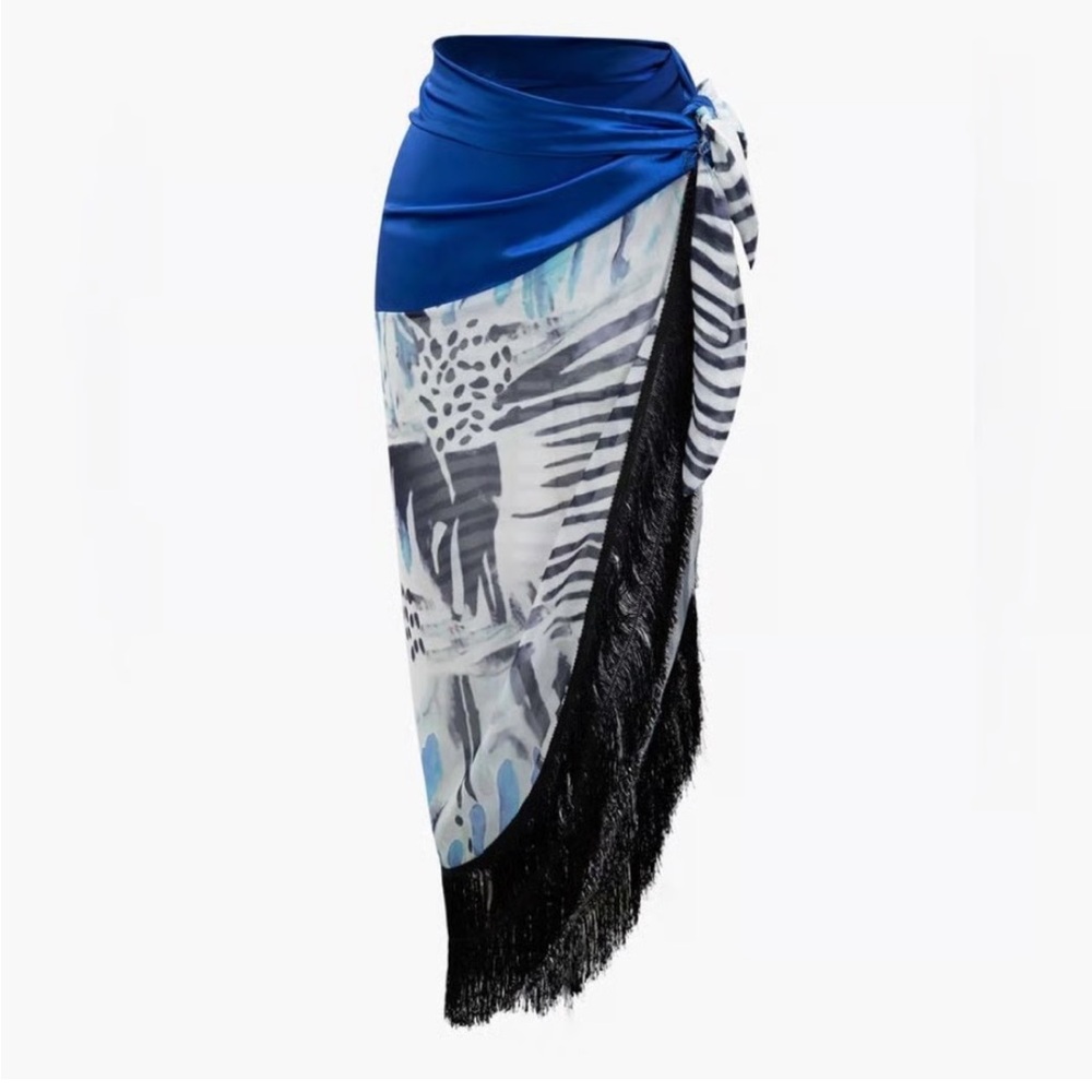 Abstract Print Long Sleeve Maxi Dress with Blue Draped Waist - Picture 3 of 7